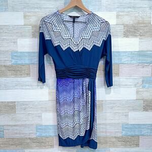BCBGMaxAzria Ruched Waist Faux Wrap Dress Blue Long Sleeve Stretch Womens XXS